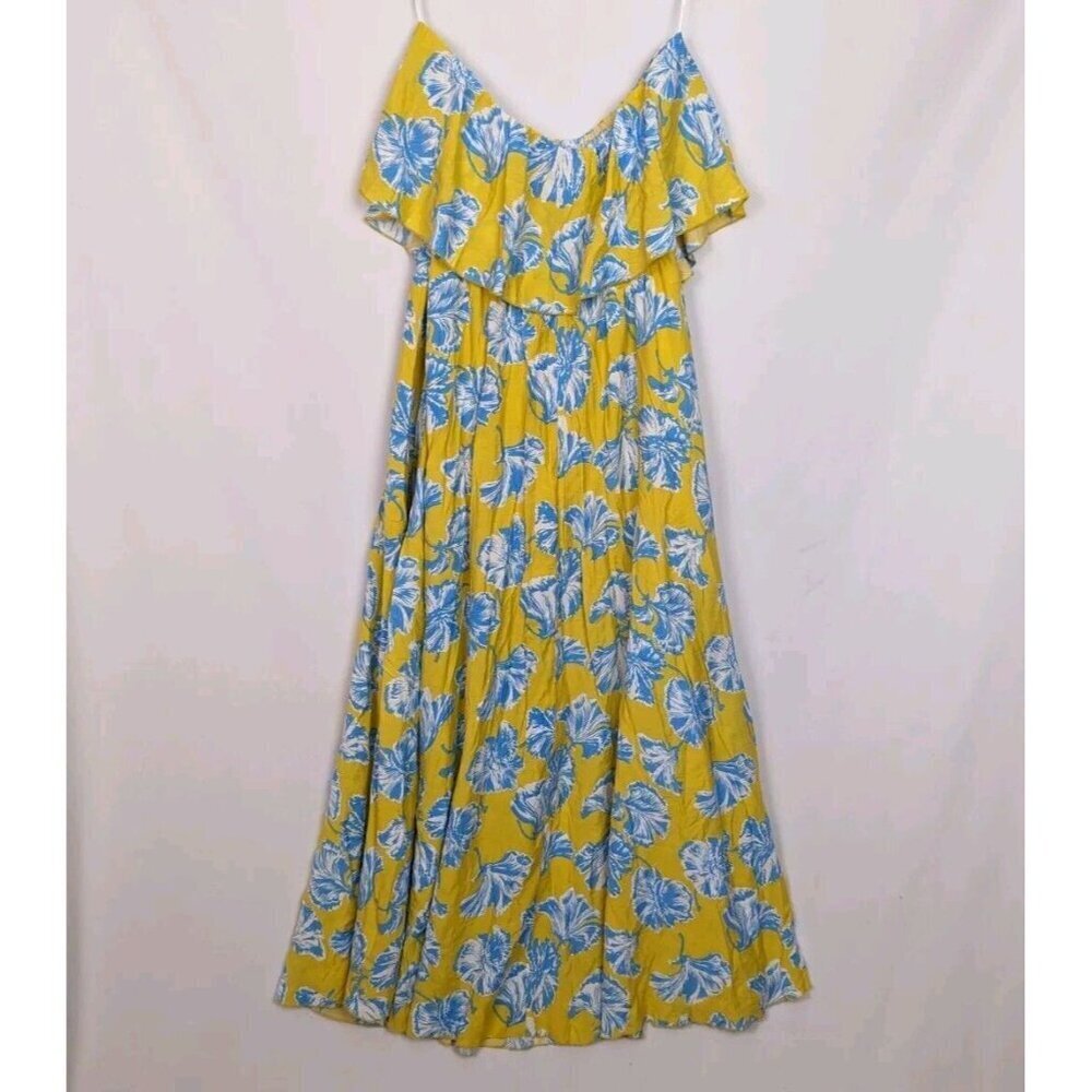 Lulus L Love Boldly Yellow Floral Print Strapless Maxi Dress High Slit Tropical - Picture 9 of 15